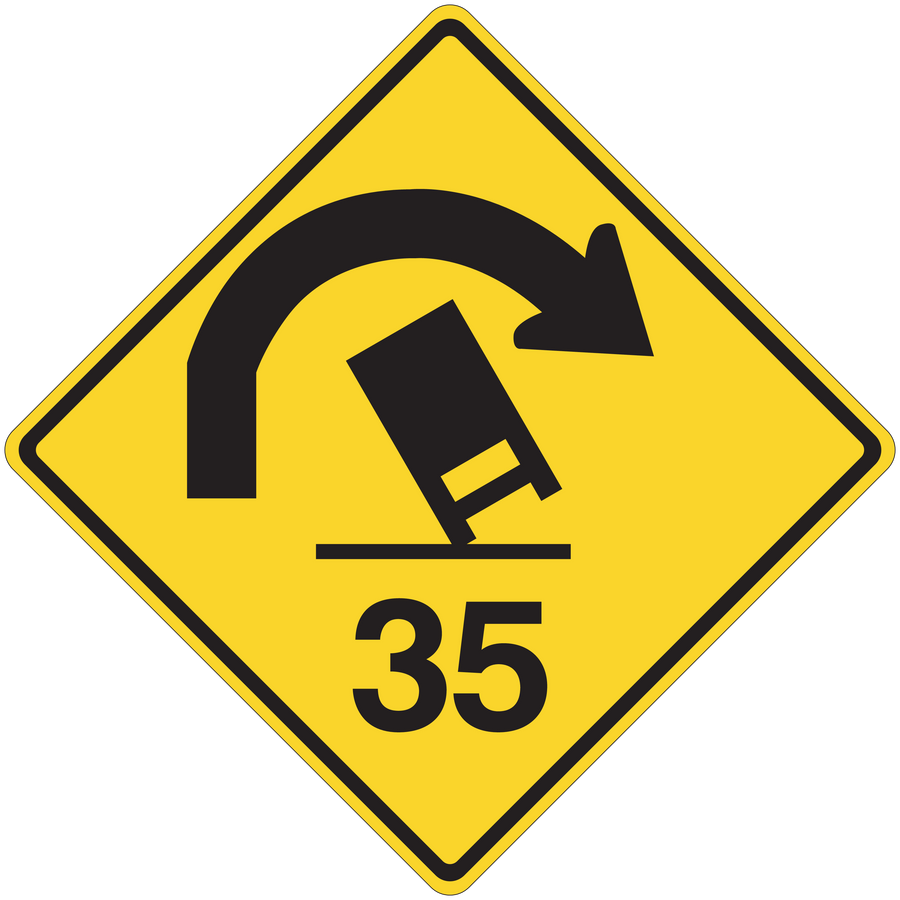 Yellow road sign sticker with black curved arrow and number 35