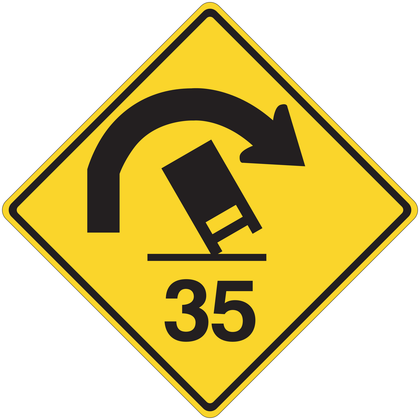 Yellow road sign sticker with black curved arrow and number 35