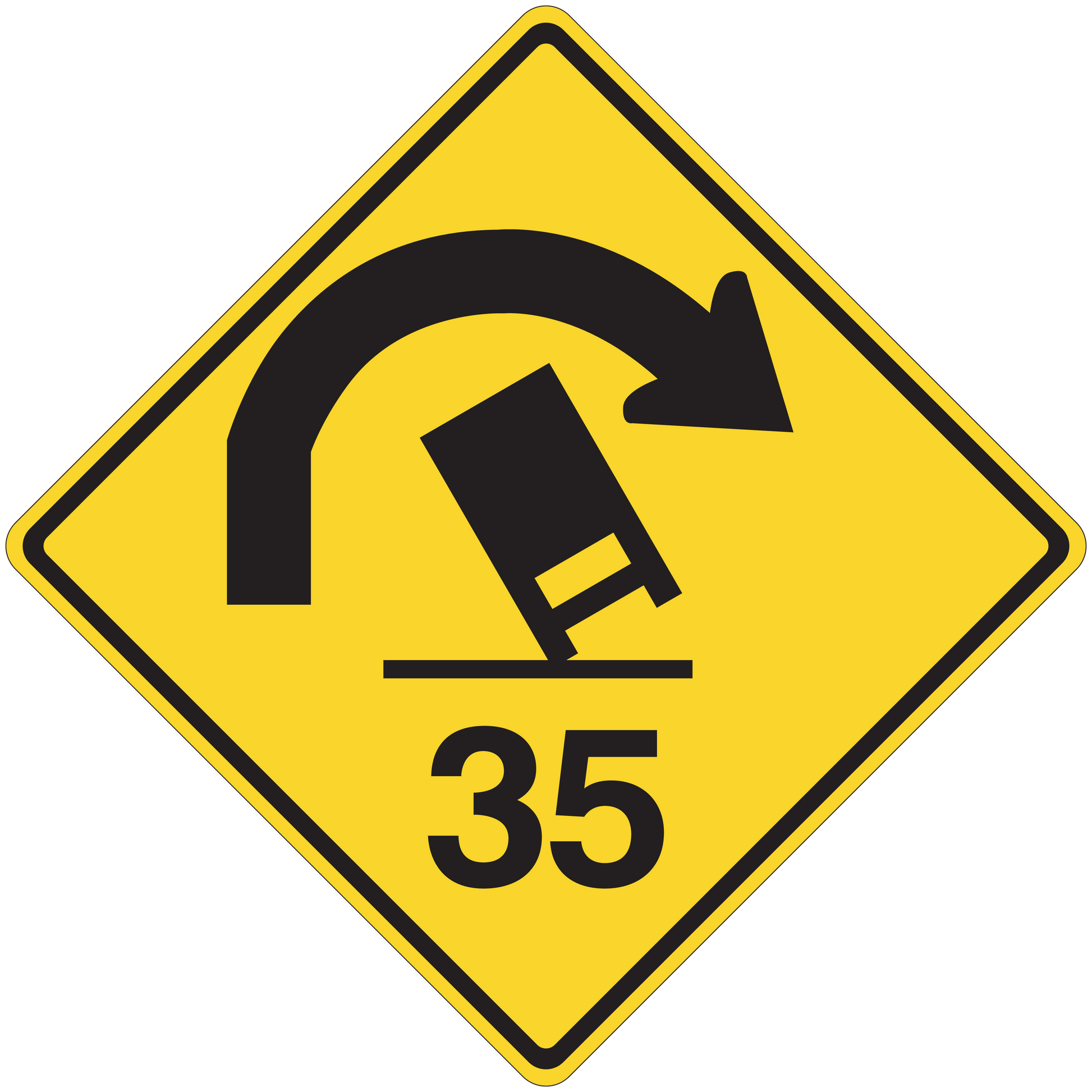 Yellow road sign sticker with black curved arrow and number 35