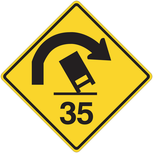 Yellow road sign sticker with black curved arrow and number 35