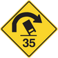 Yellow road sign sticker with black curved arrow and number 35