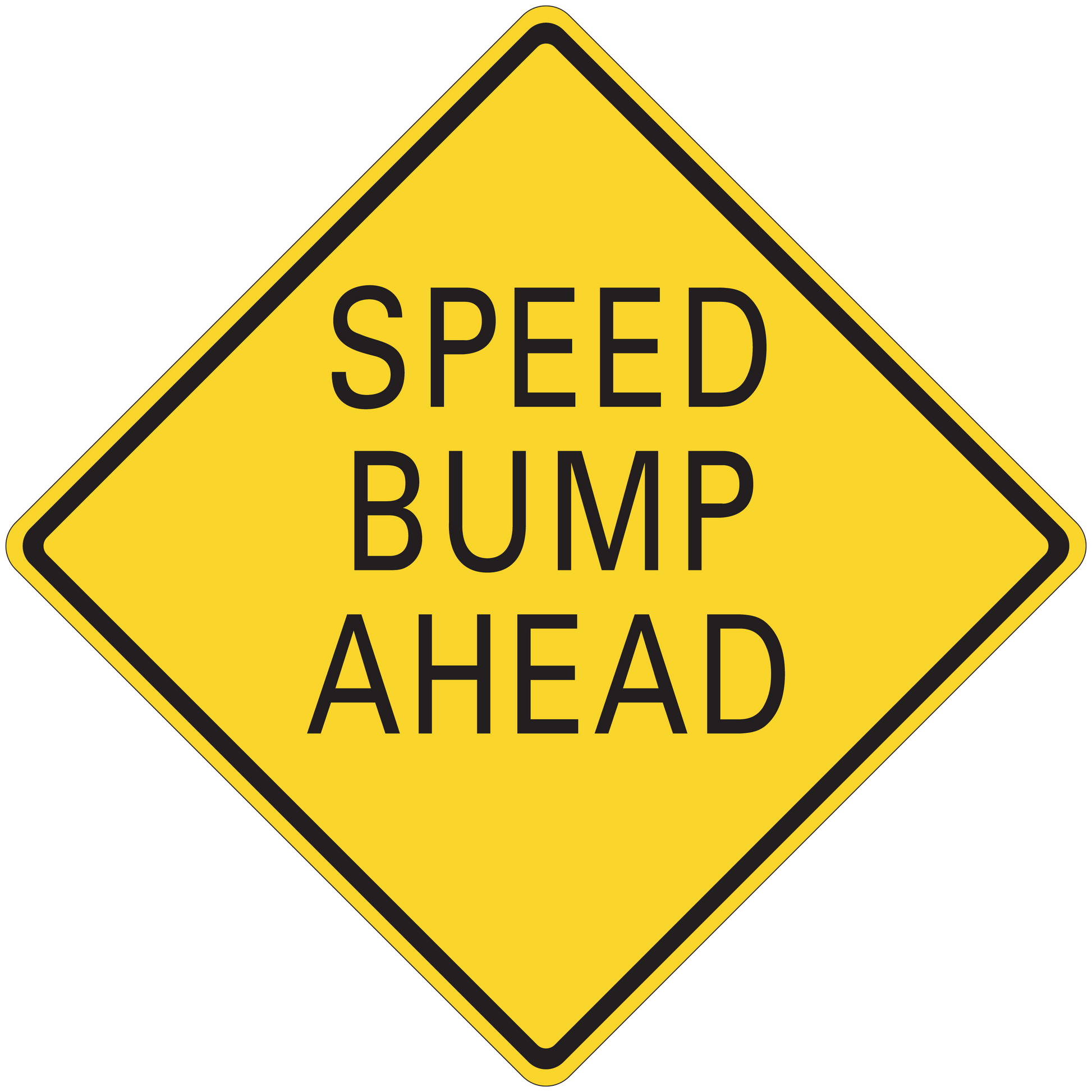 Road sign sticker: yellow diamond with black border reading "SPEED BUMP AHEAD"