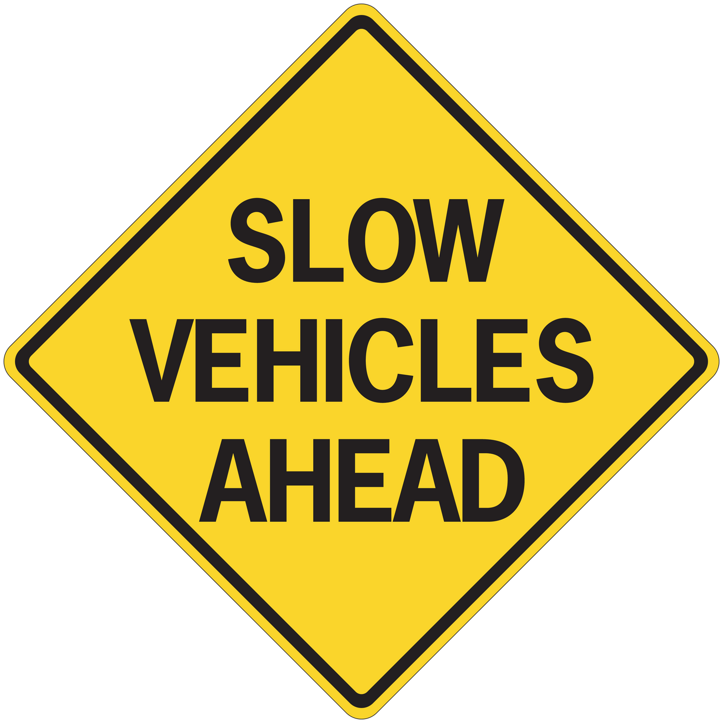 Road sign sticker with yellow diamond and text SLOW VEHICLES AHEAD