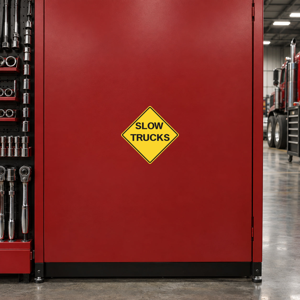 Road Sign Sticker applied in A heavy haul fleet garage, smooth muted red single cabinet front, socket wrench rack far left