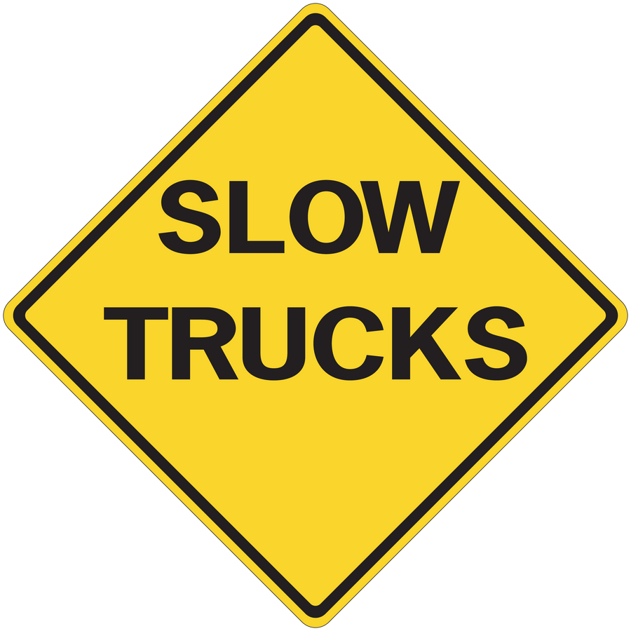 Yellow road sign sticker: diamond SLOW TRUCKS warning text, black border