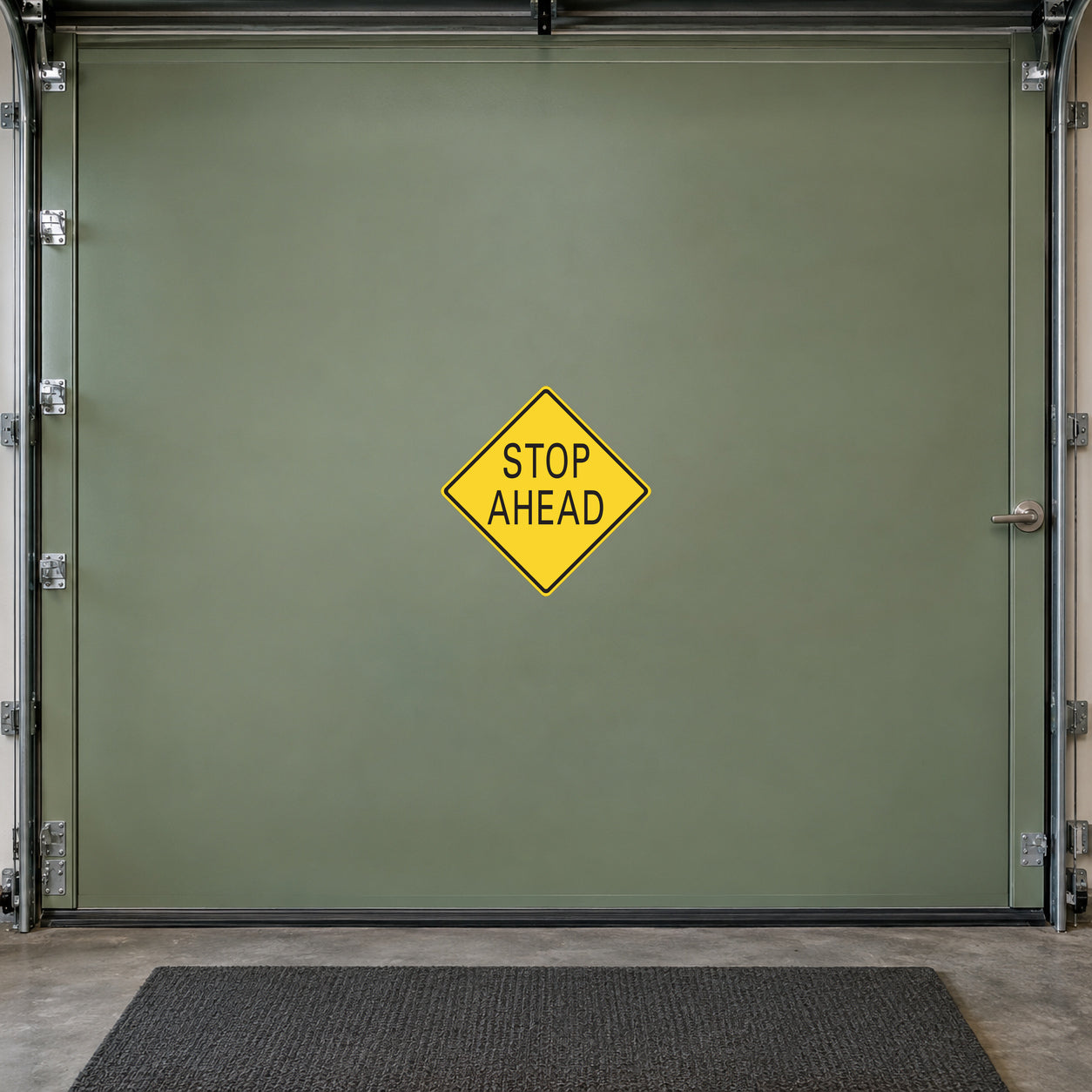 Road Sign Sticker applied in A private driver training garage, smooth dusty sage metal door, handle extreme right and floor mat below
