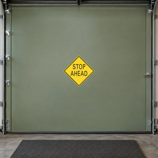 Diamond STOP AHEAD road sign sticker, yellow with black text and border