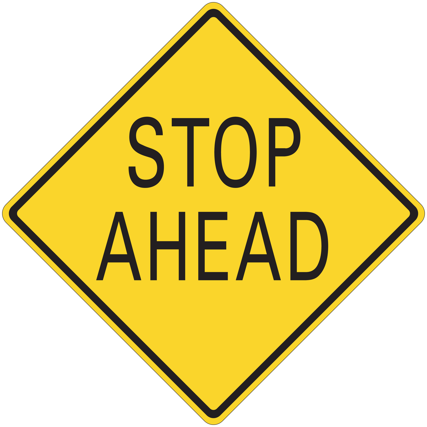 Road sign sticker: yellow diamond with black border reading 'STOP AHEAD'.