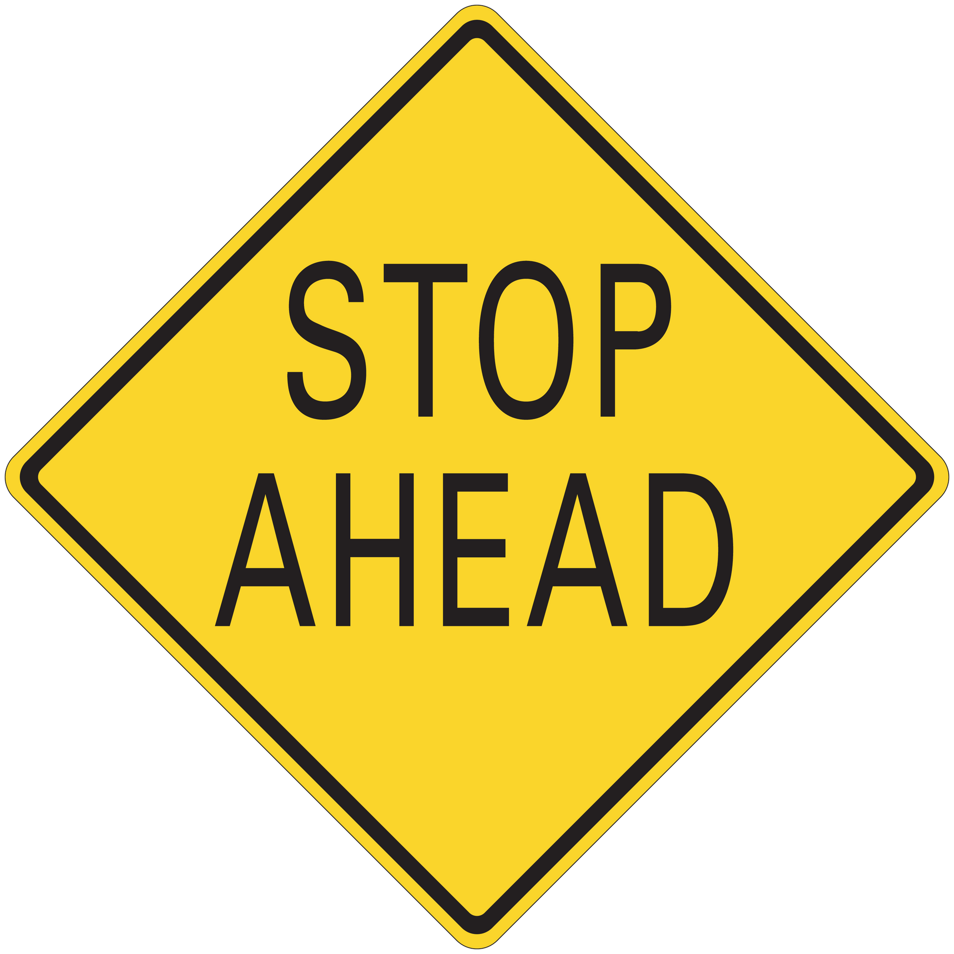 Road sign sticker: yellow diamond with black border reading 'STOP AHEAD'.