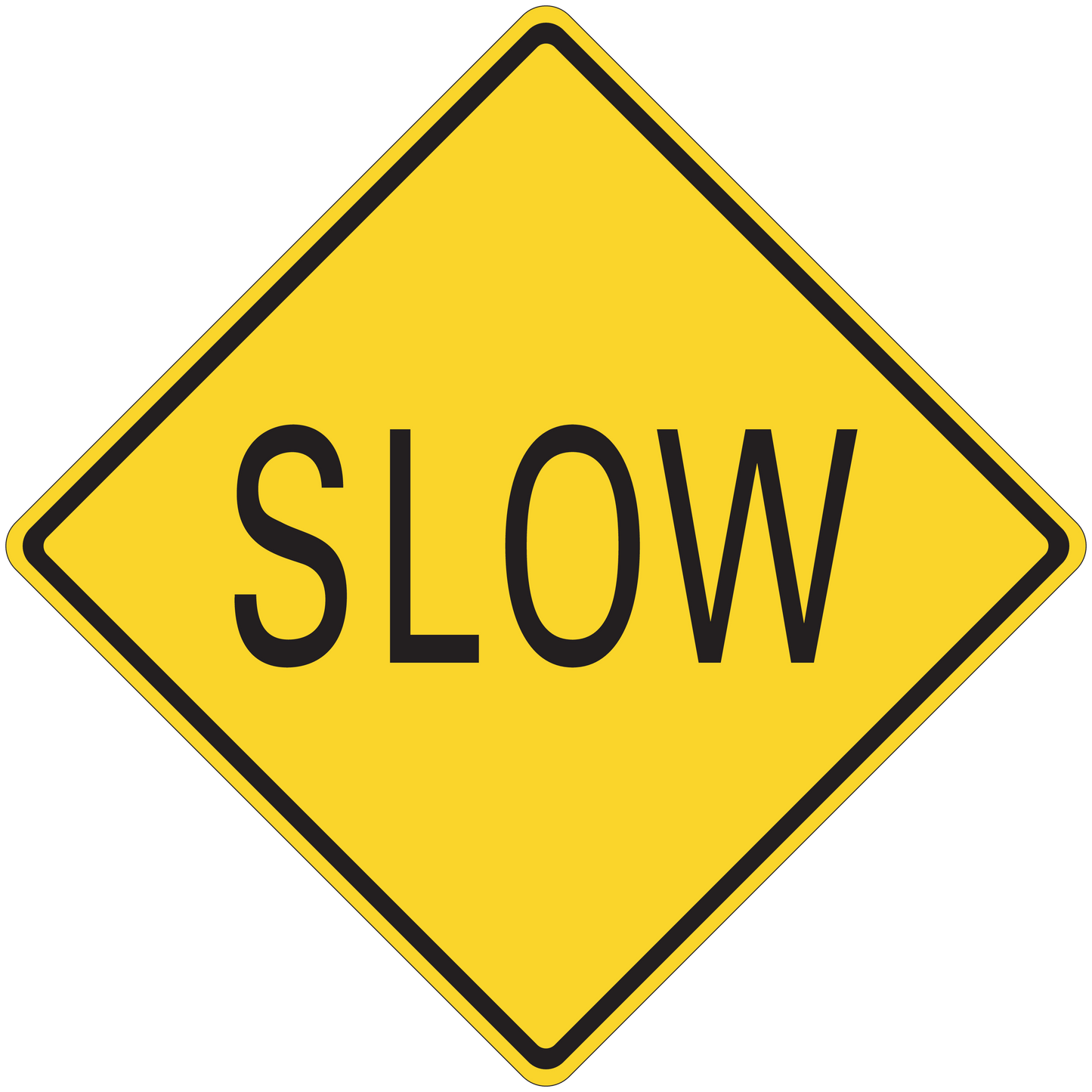 Road sign sticker: yellow diamond with black border and “SLOW” text