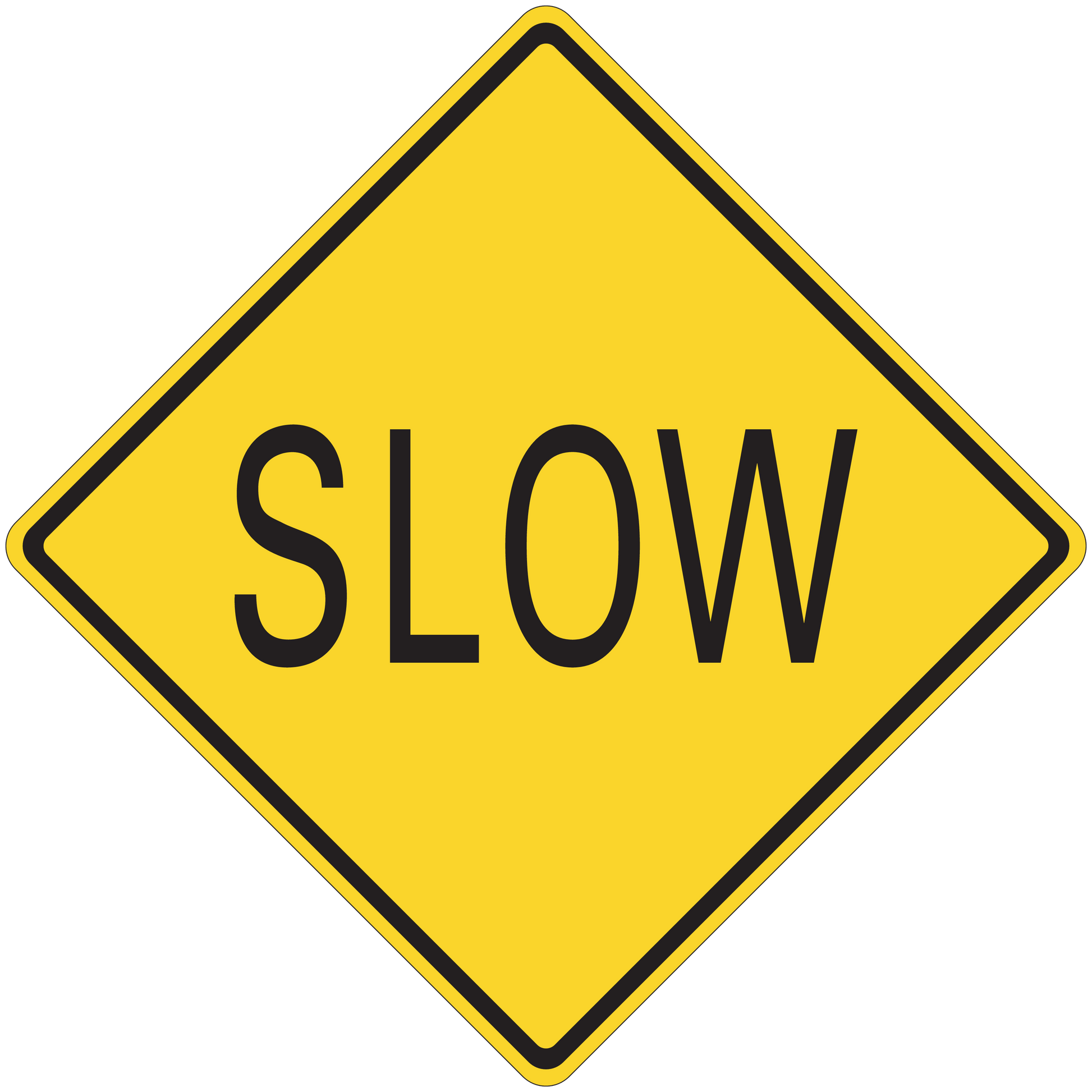 Road sign sticker: yellow diamond with black border and “SLOW” text