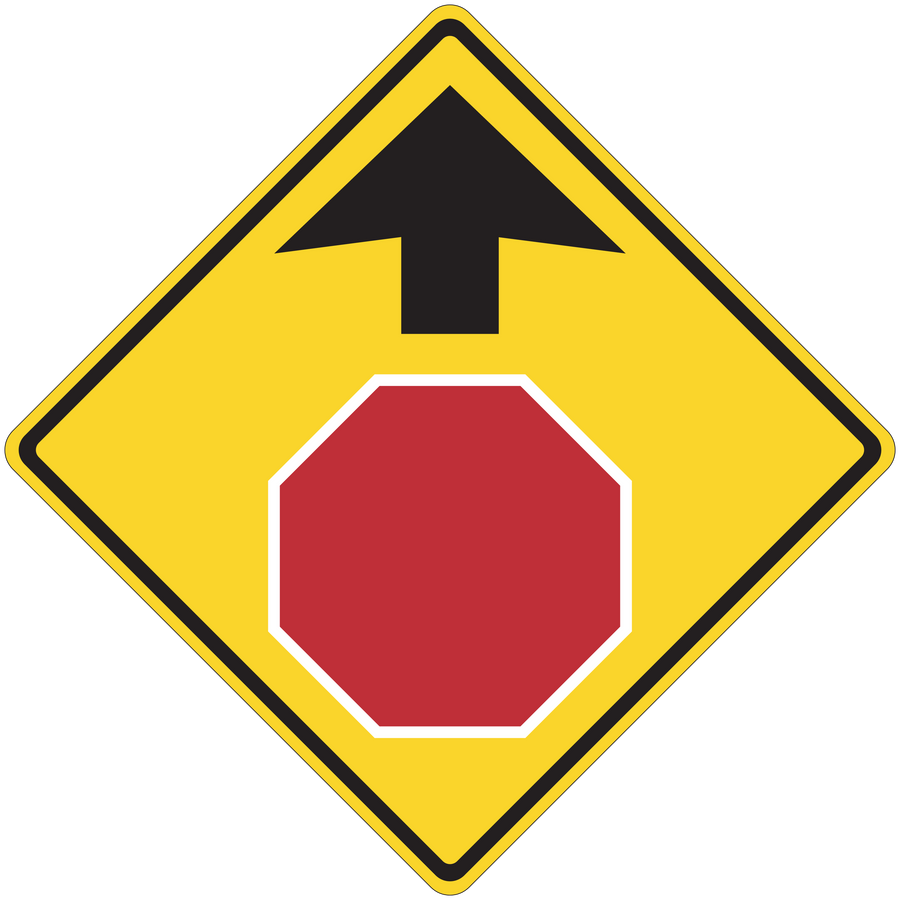 Road sign sticker with yellow diamond, up arrow, and red stop octagon center
