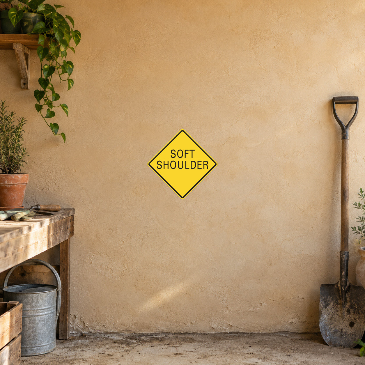 Road Sign Sticker applied in A rural groundskeeper workshop, uninterrupted warm sand plaster wall, shovel far right