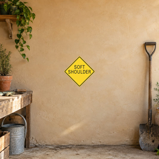 Yellow diamond road sign sticker with SOFT SHOULDER text