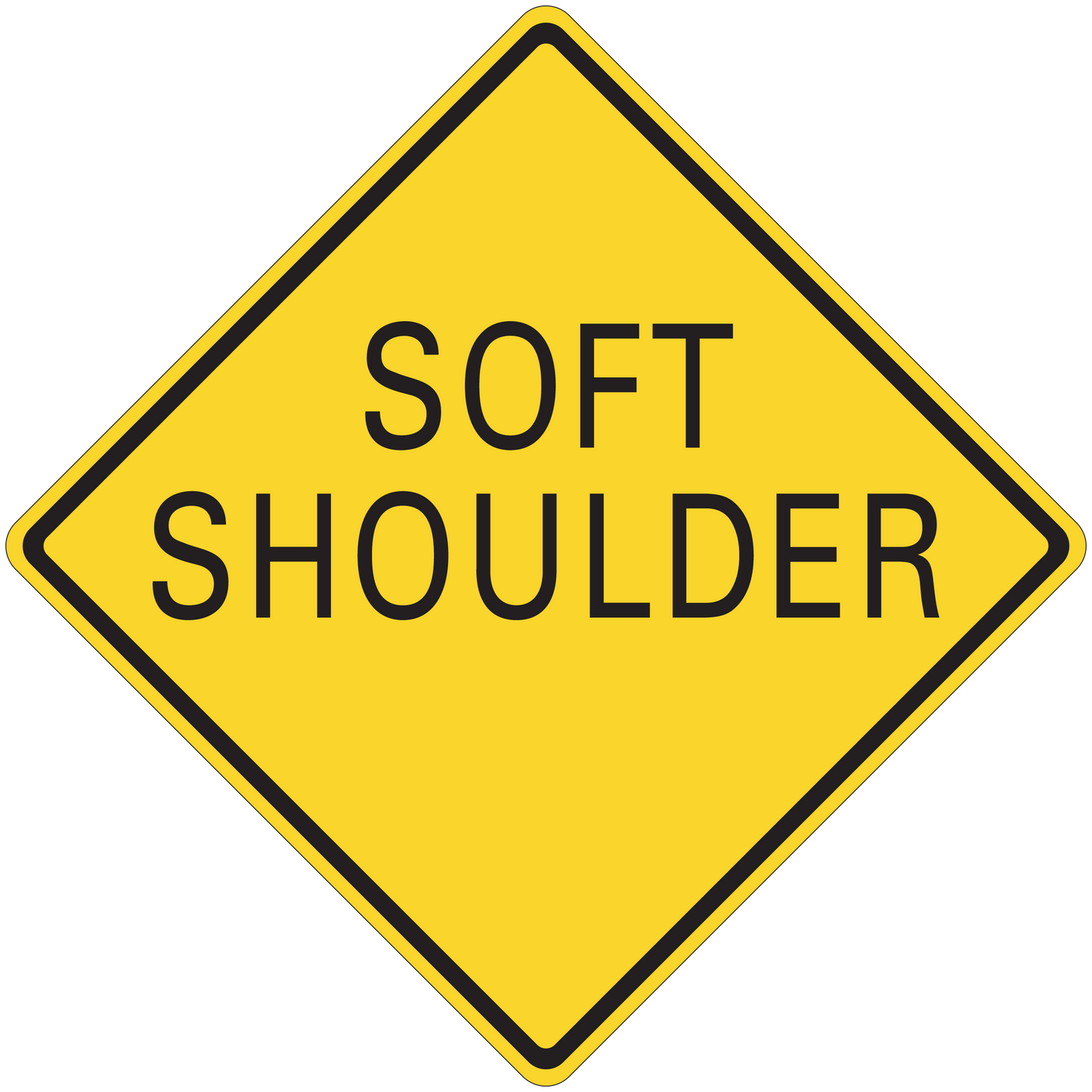 Road sign sticker: yellow diamond with black text "SOFT SHOULDER"