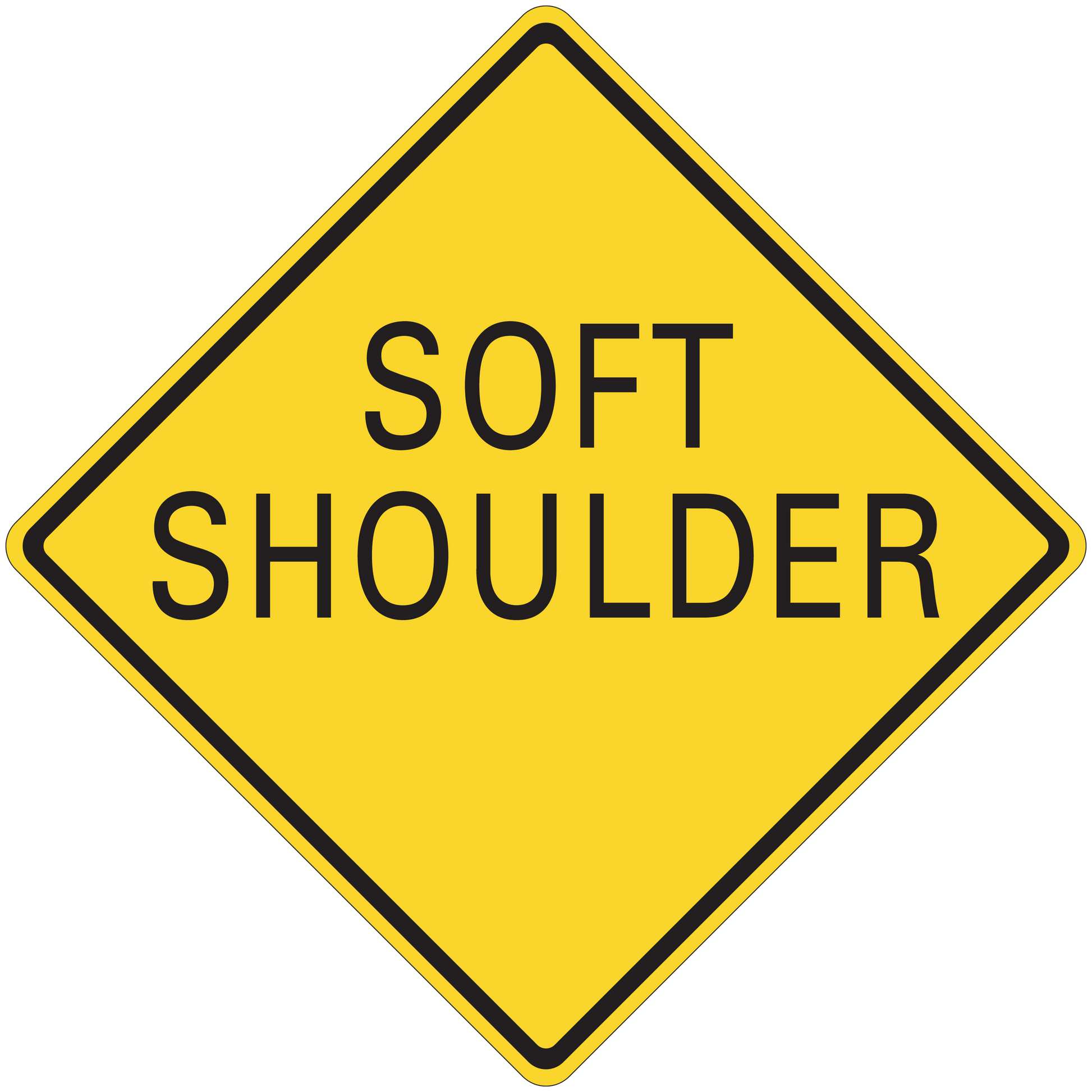 Road sign sticker: yellow diamond with black text "SOFT SHOULDER"