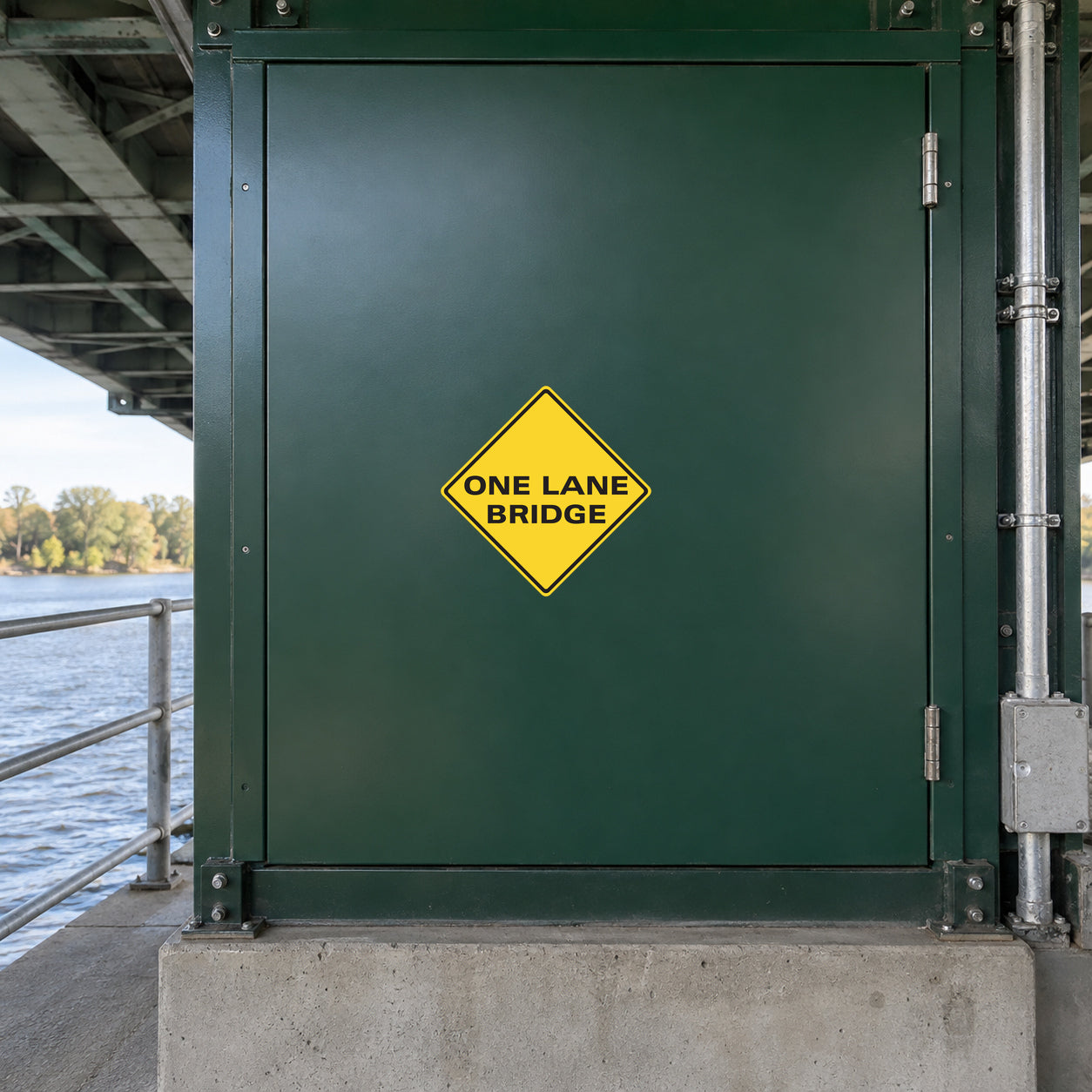 Road sign sticker: yellow diamond ONE LANE BRIDGE