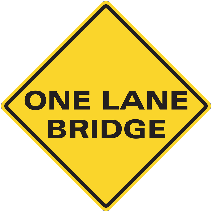 Yellow road sign sticker with "ONE LANE BRIDGE" text in black