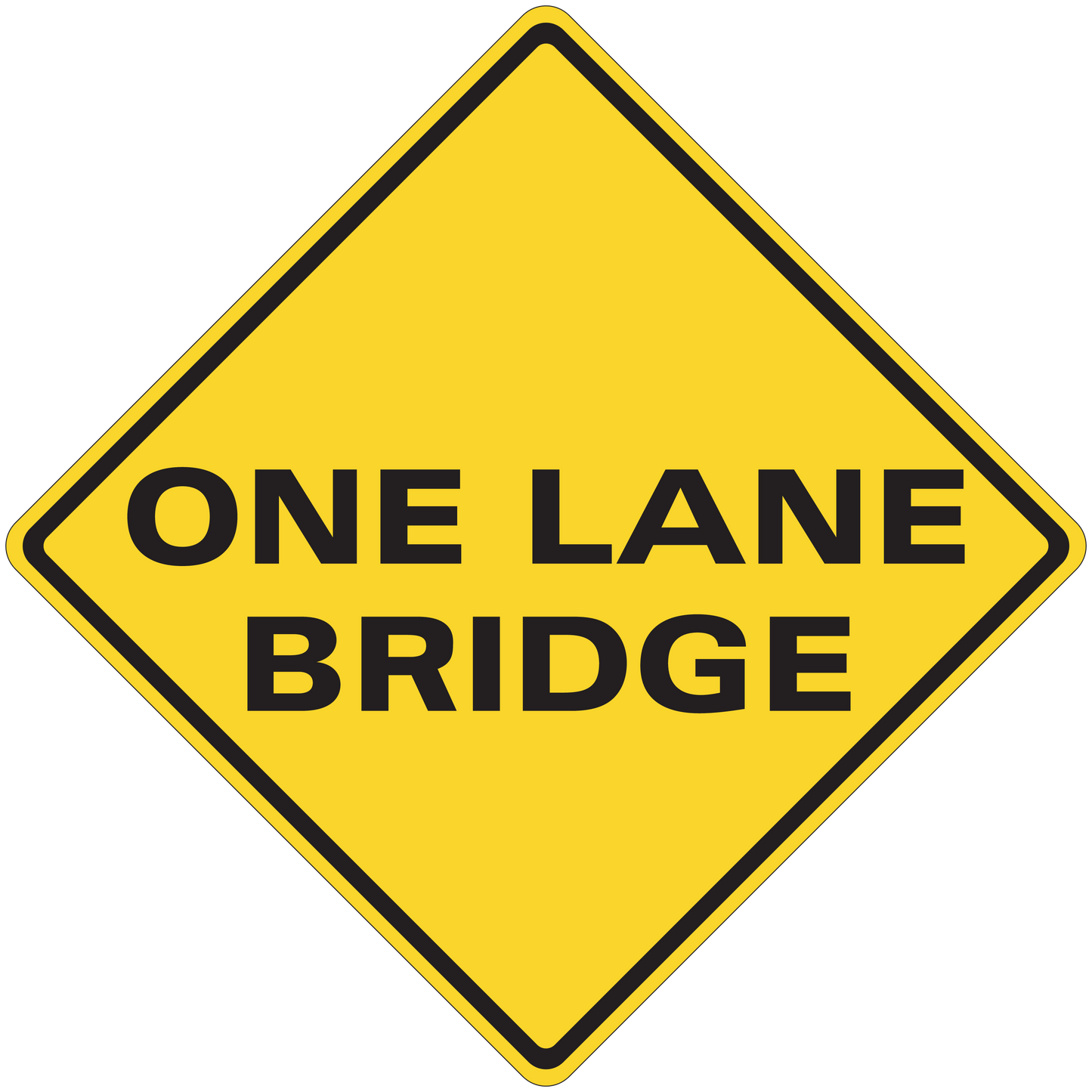 Yellow road sign sticker with "ONE LANE BRIDGE" text in black