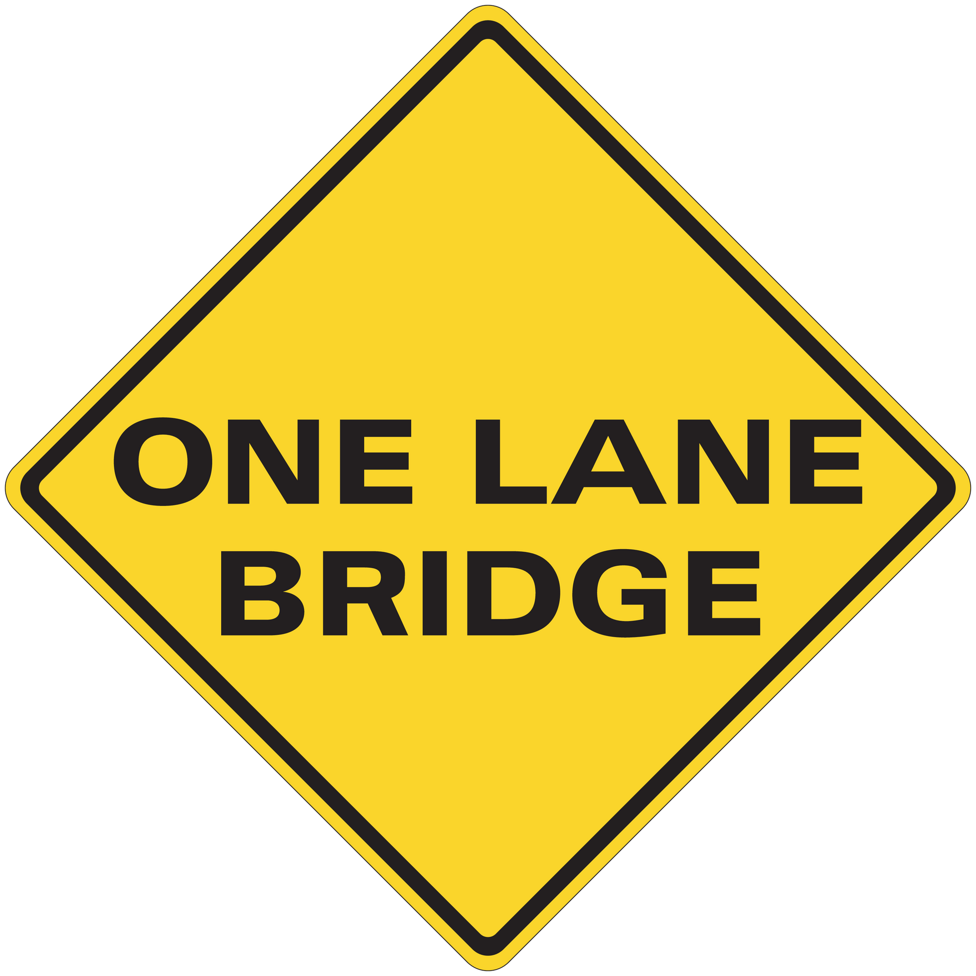 Yellow road sign sticker with "ONE LANE BRIDGE" text in black
