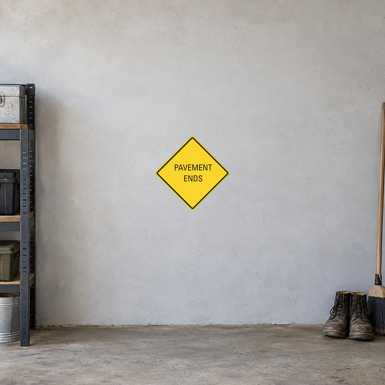 Road sign sticker with yellow diamond reading “PAVEMENT ENDS”