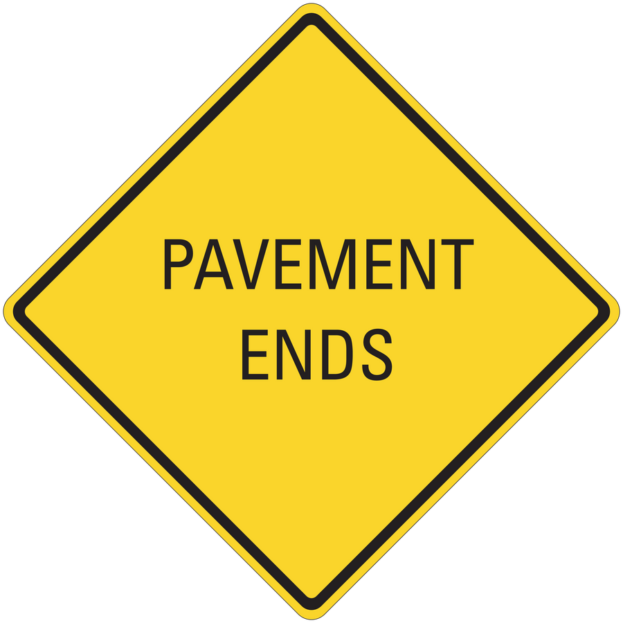 Yellow diamond road sign sticker with black border: 'Pavement Ends'