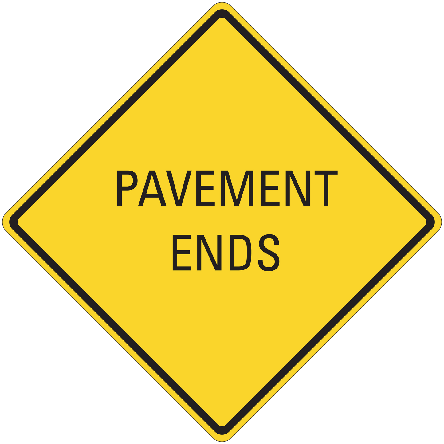 Yellow diamond road sign sticker with black border: 'Pavement Ends'