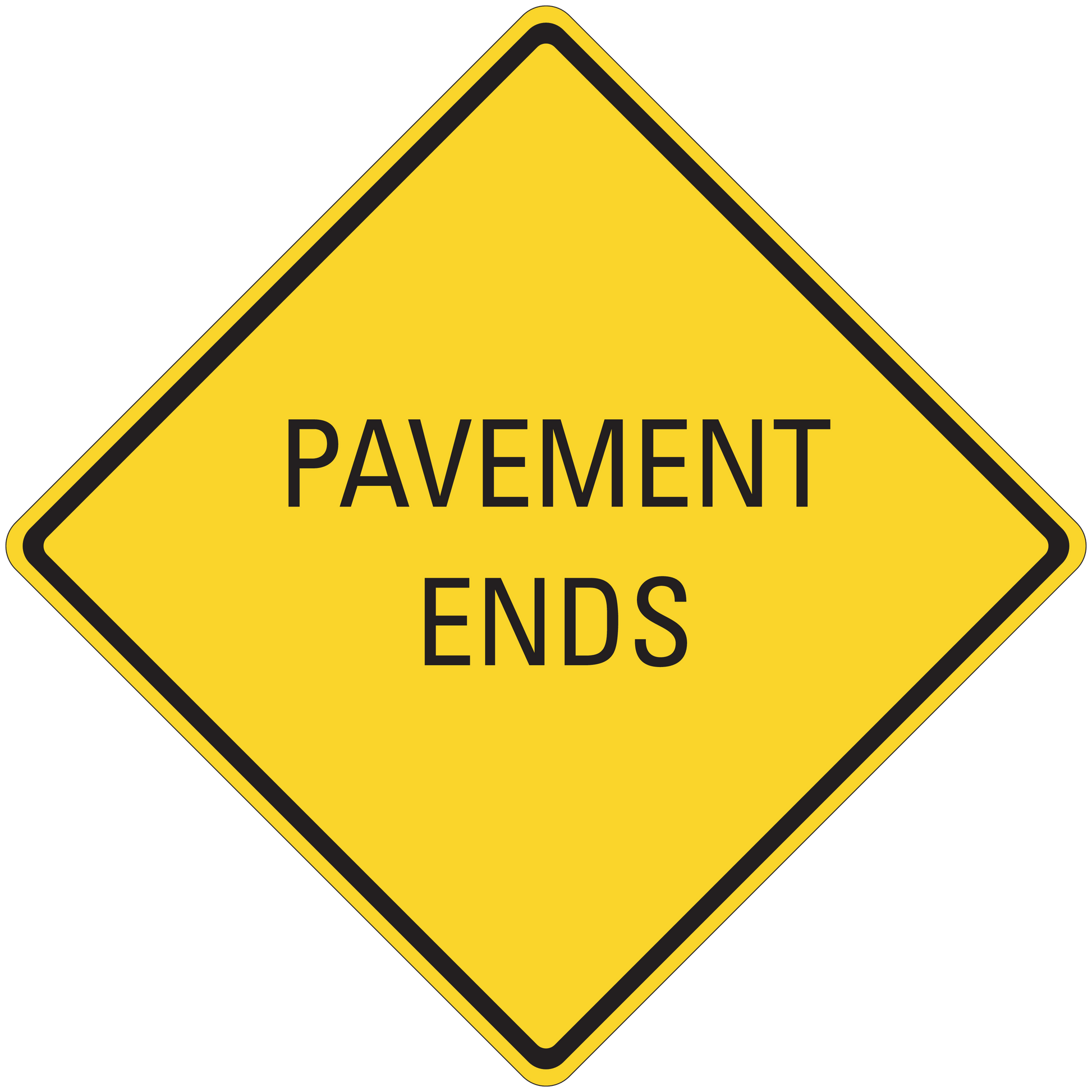 Yellow diamond road sign sticker with black border: 'Pavement Ends'