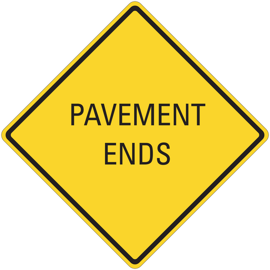 Yellow diamond road sign sticker with black border: 'Pavement Ends'
