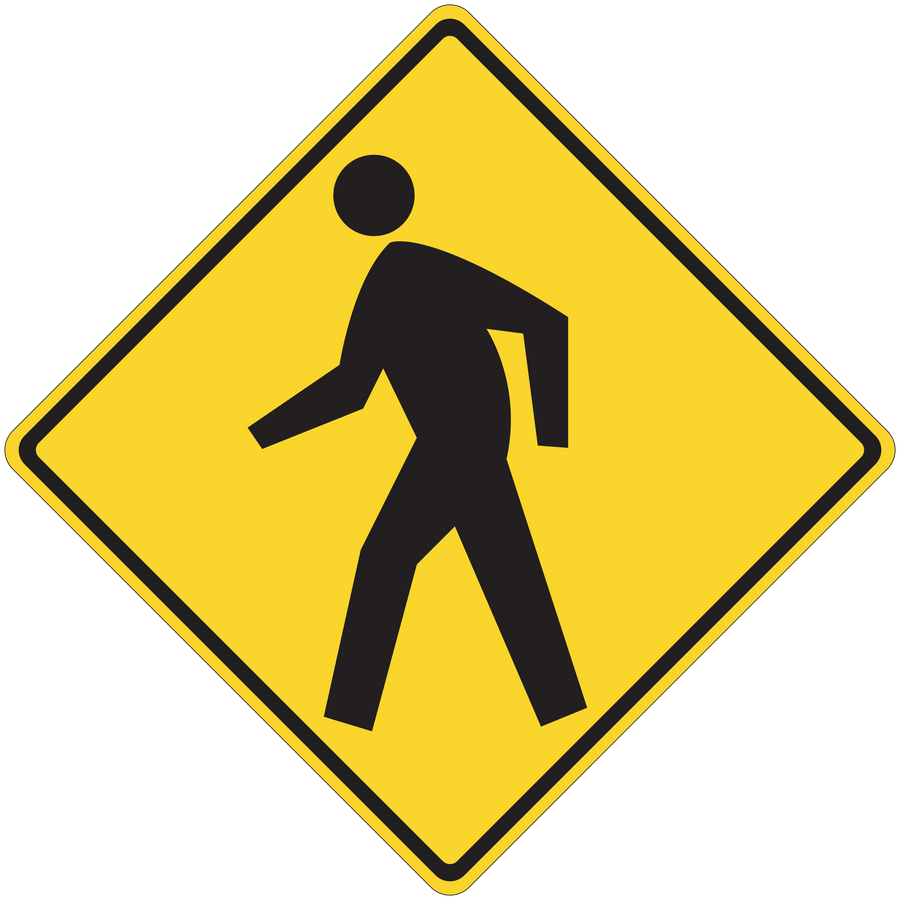 Road sign sticker: yellow diamond with black walking figure