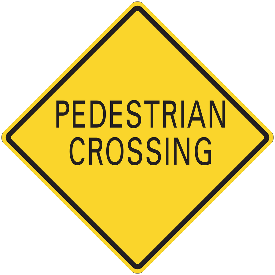 Yellow pedestrian crossing road sign sticker with black border, bold text