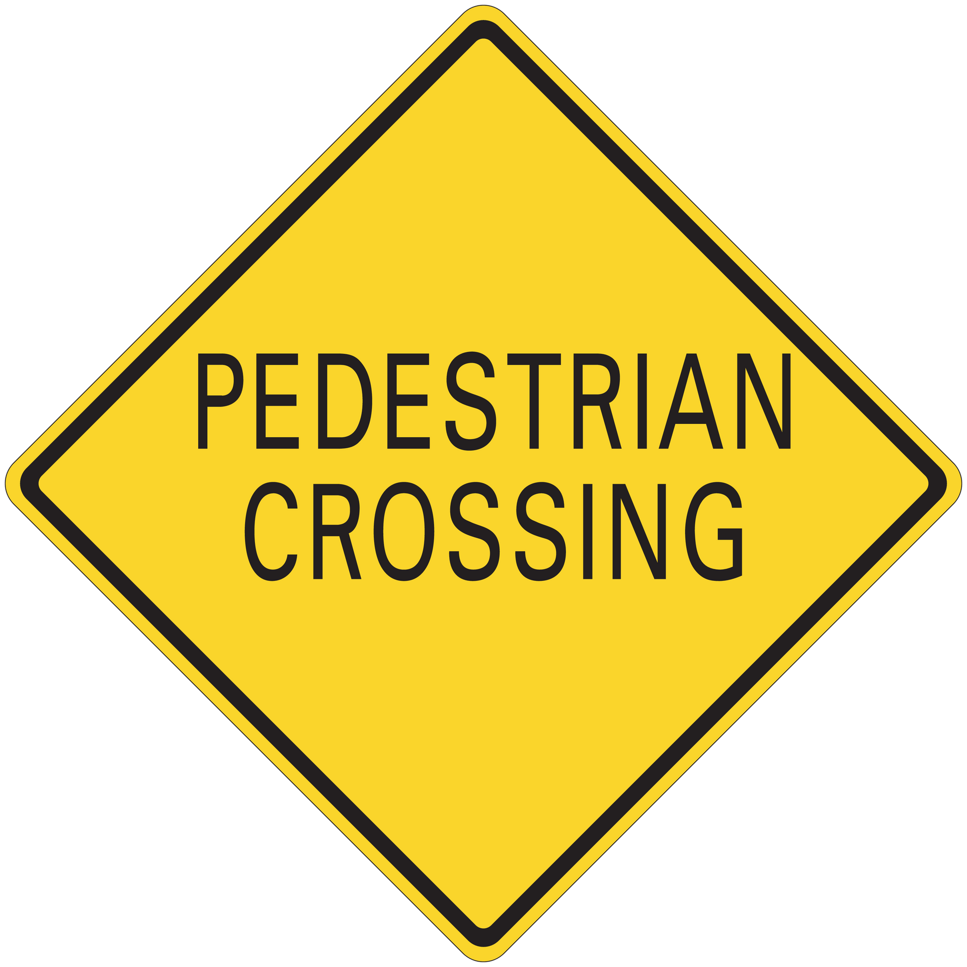 Yellow pedestrian crossing road sign sticker with black border, bold text