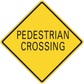 Yellow pedestrian crossing road sign sticker with black border, bold text