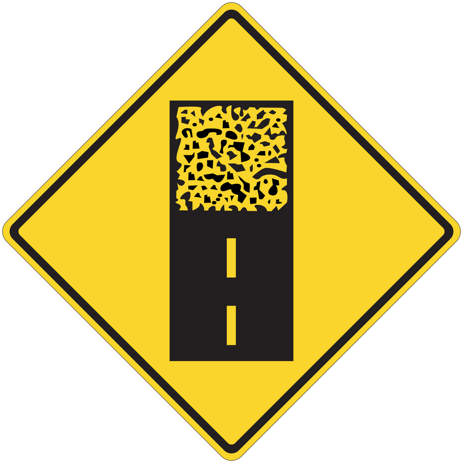 Yellow diamond roadwork warning sticker with black panel and yellow dashed line