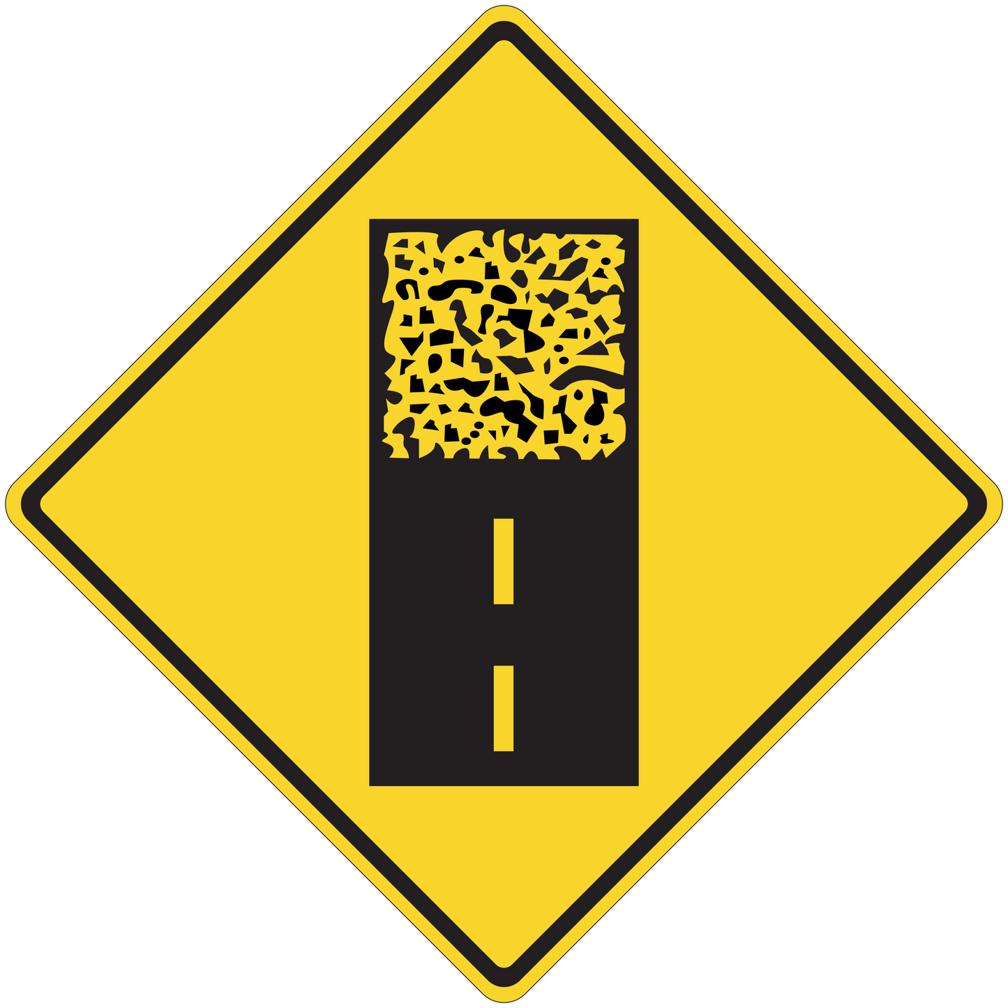 Yellow diamond roadwork warning sticker with black panel and yellow dashed line