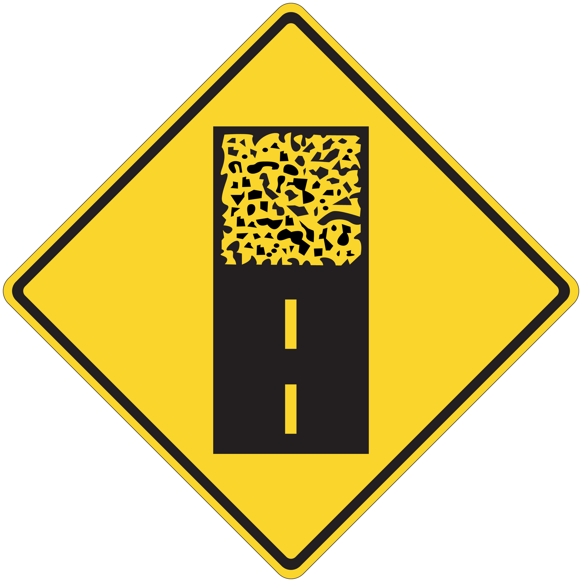 Yellow diamond roadwork warning sticker with black panel and yellow dashed line