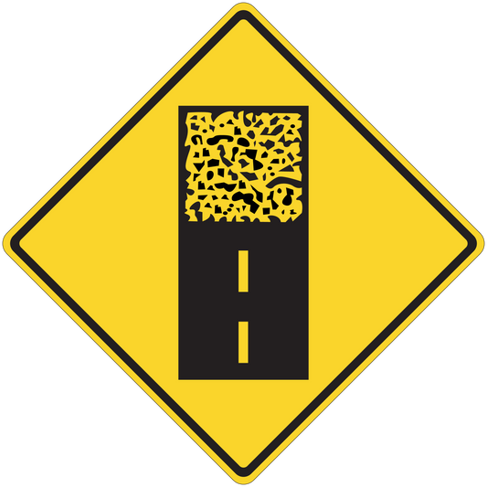 Yellow diamond roadwork warning sticker with black panel and yellow dashed line