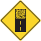 Yellow diamond roadwork warning sticker with black panel and yellow dashed line