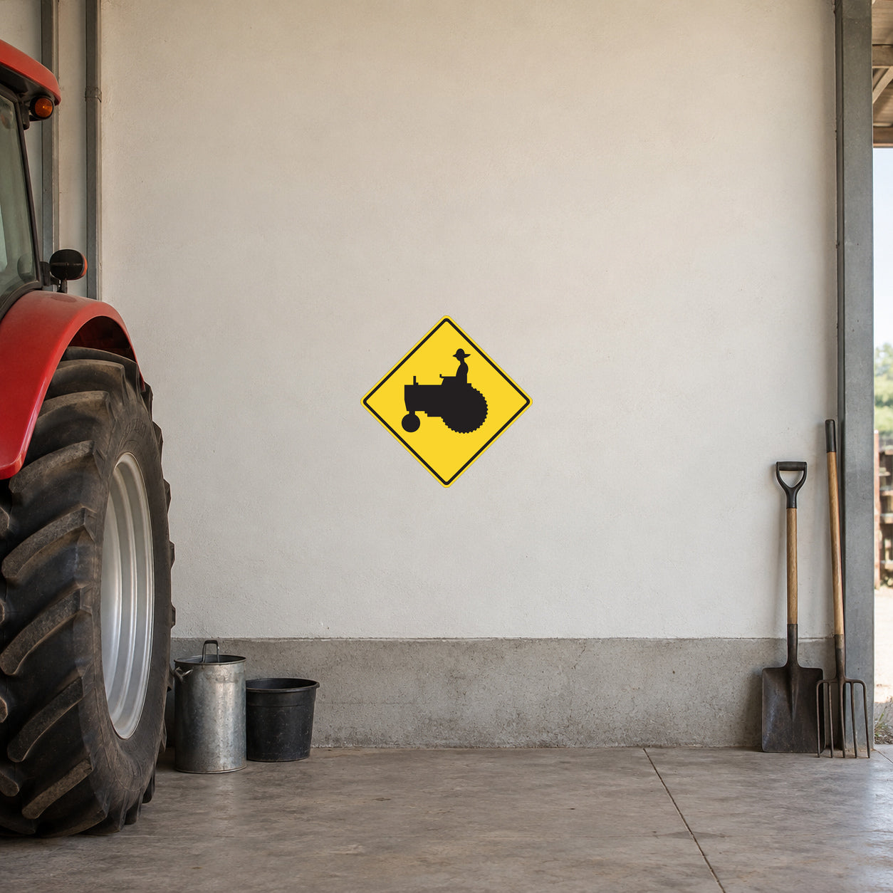Road sign sticker with yellow diamond and black tractor icon
