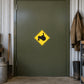 Road Sign Sticker applied in A second distinct agricultural workshop, smooth deep olive steel door, hanging work jacket far right