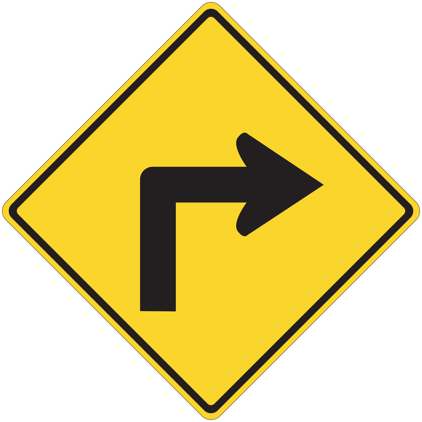 Yellow road sign sticker with black right-turn arrow, diamond border.