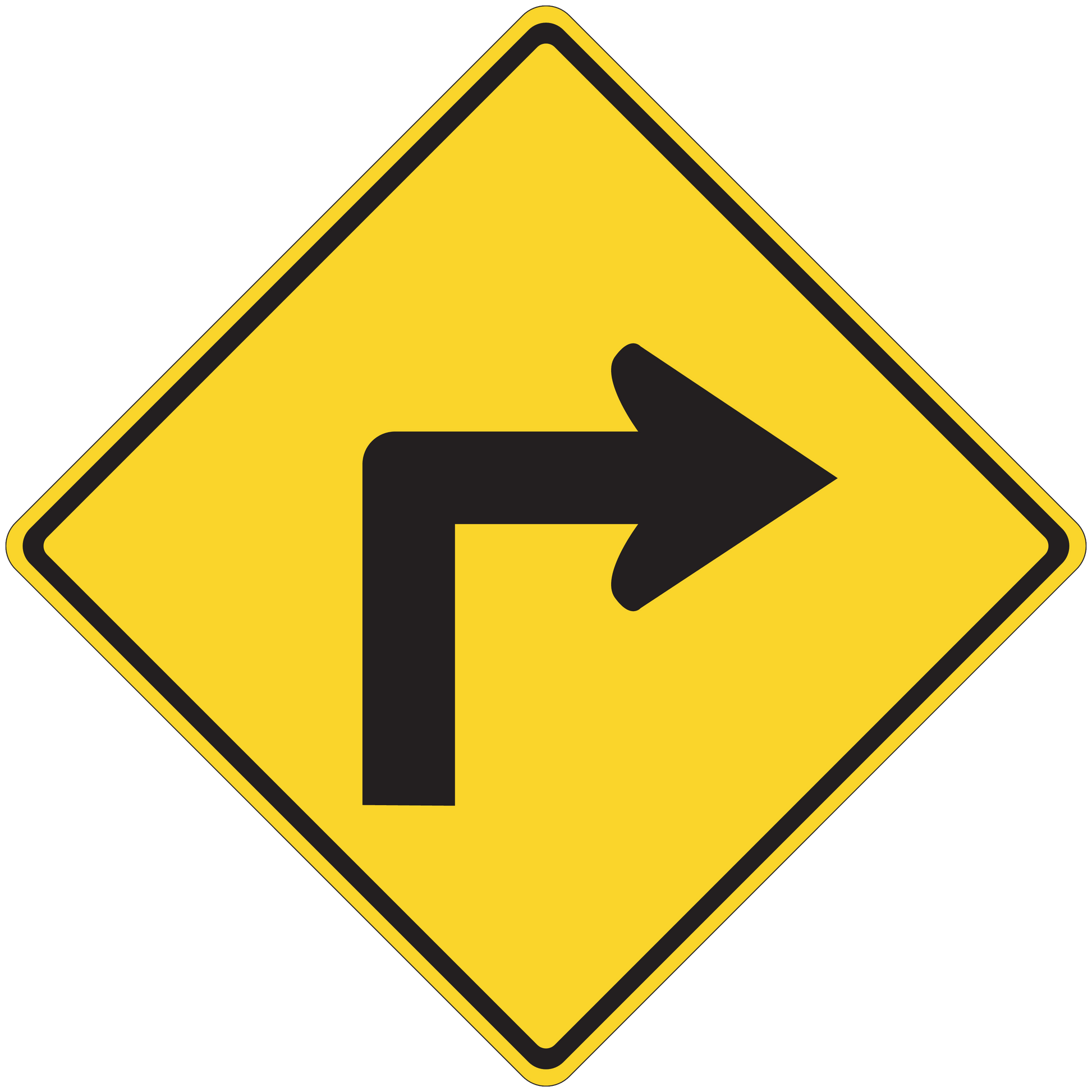 Yellow road sign sticker with black right-turn arrow