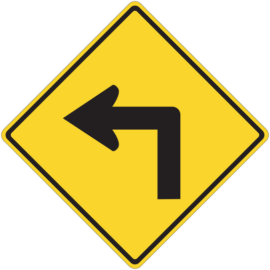 Yellow road sign sticker with black left and down arrow symbols in a diamond