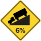 Yellow road warning sign sticker with black train rails and 6% slope symbol