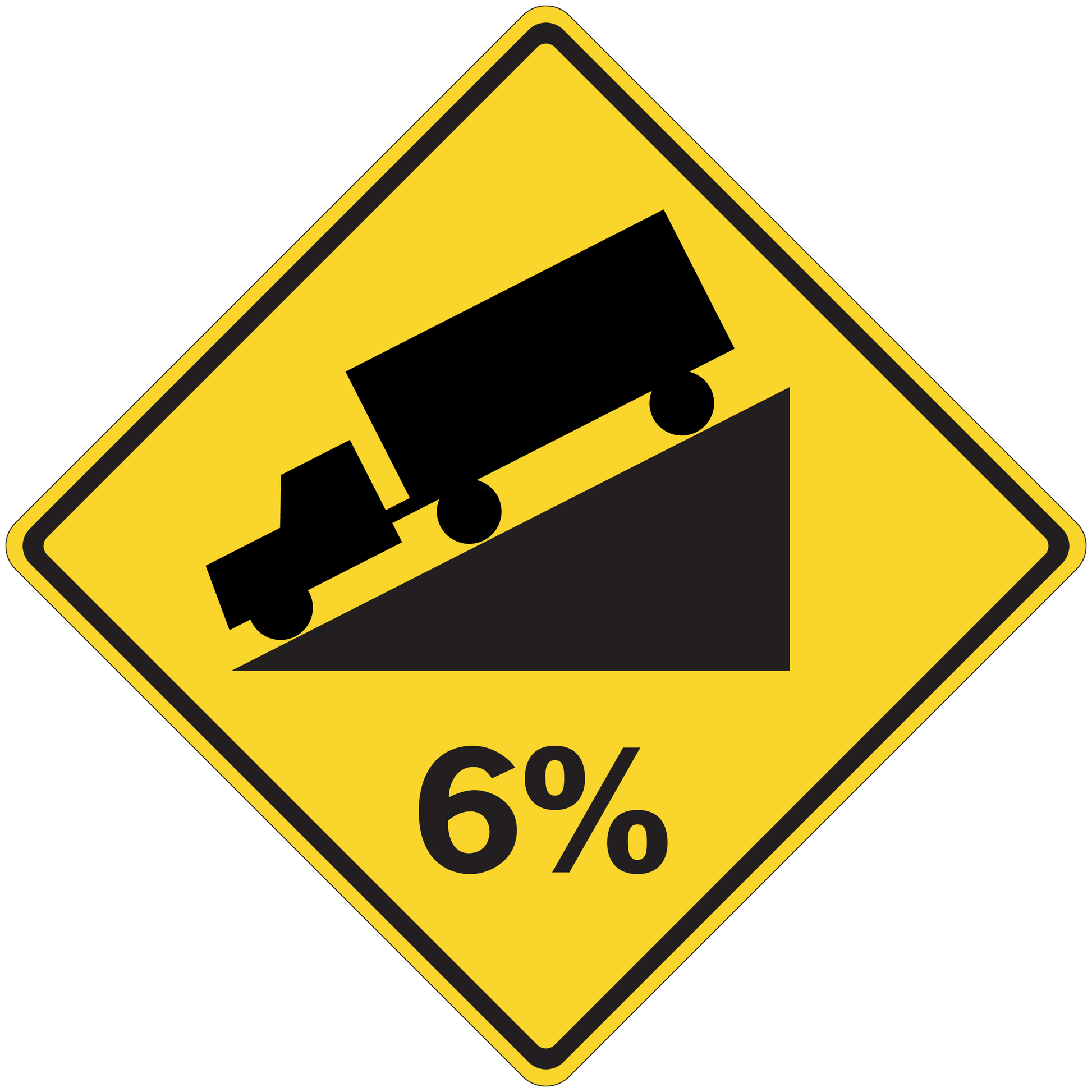 Yellow road sign sticker with black roadworks icon and 6% text