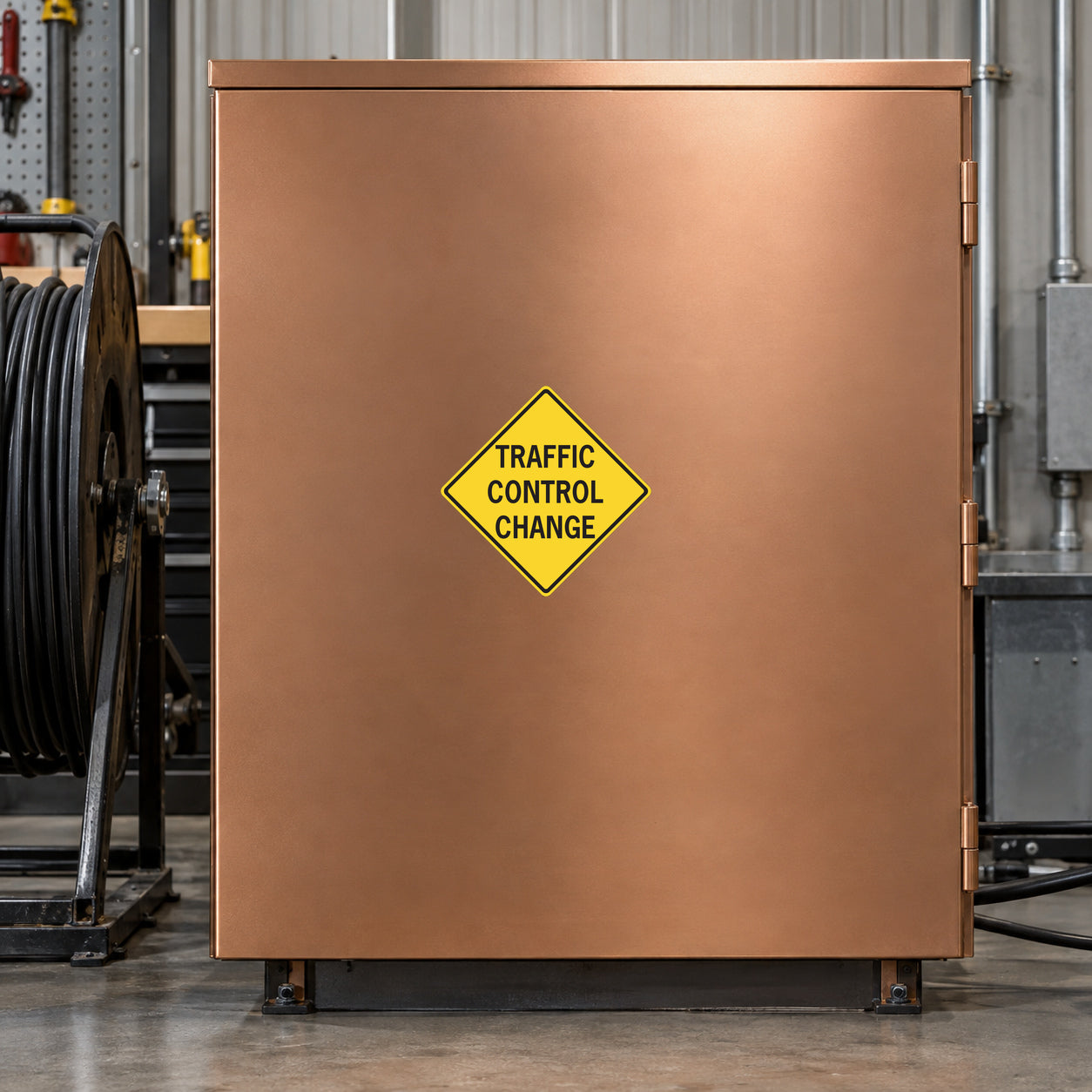 Road Sign Sticker applied in A traffic control equipment workshop, smooth soft copper cabinet front, cable reel extreme left