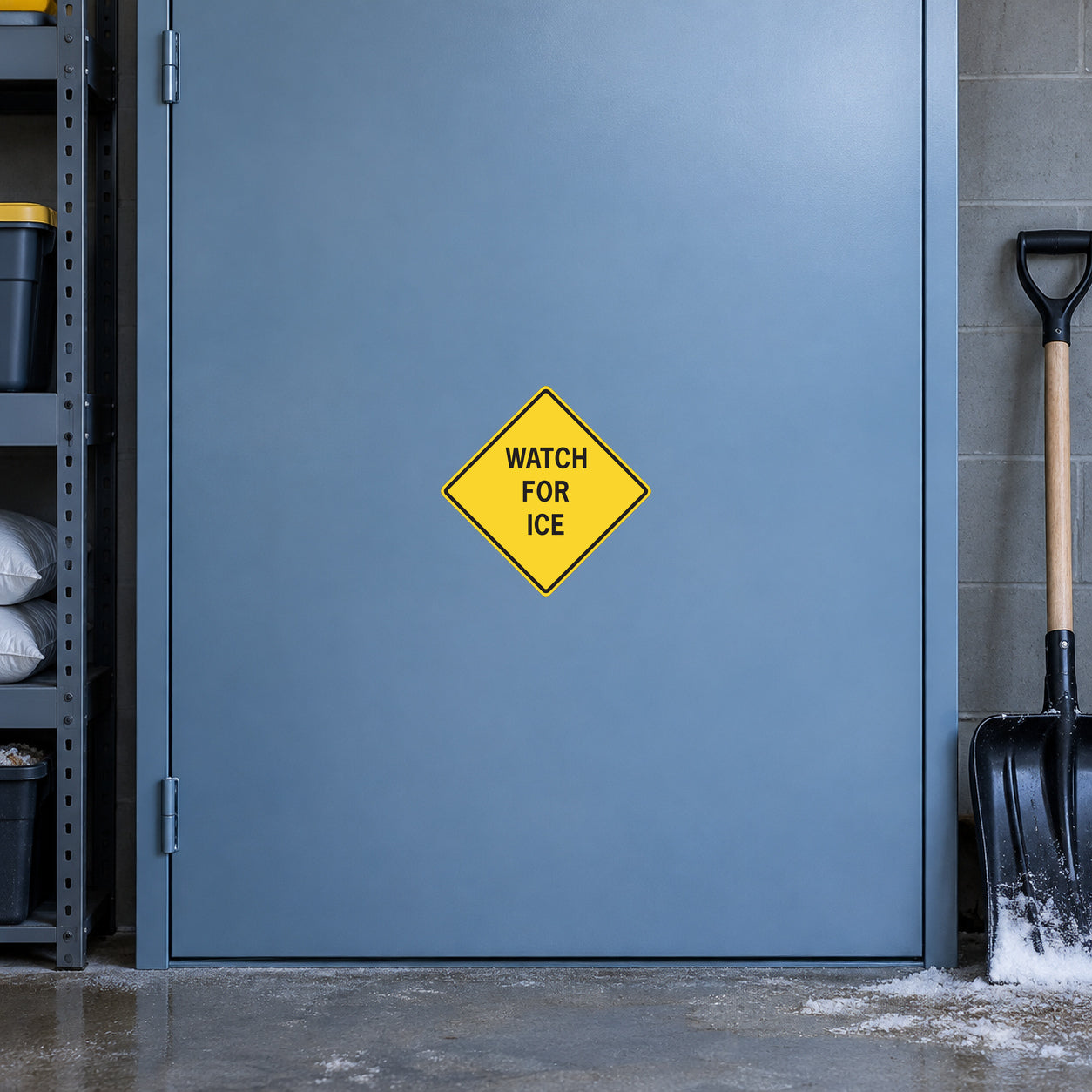 Road Sign Sticker applied in A winter highway maintenance room, smooth muted blue steel cupboard door, snow shovel extreme right