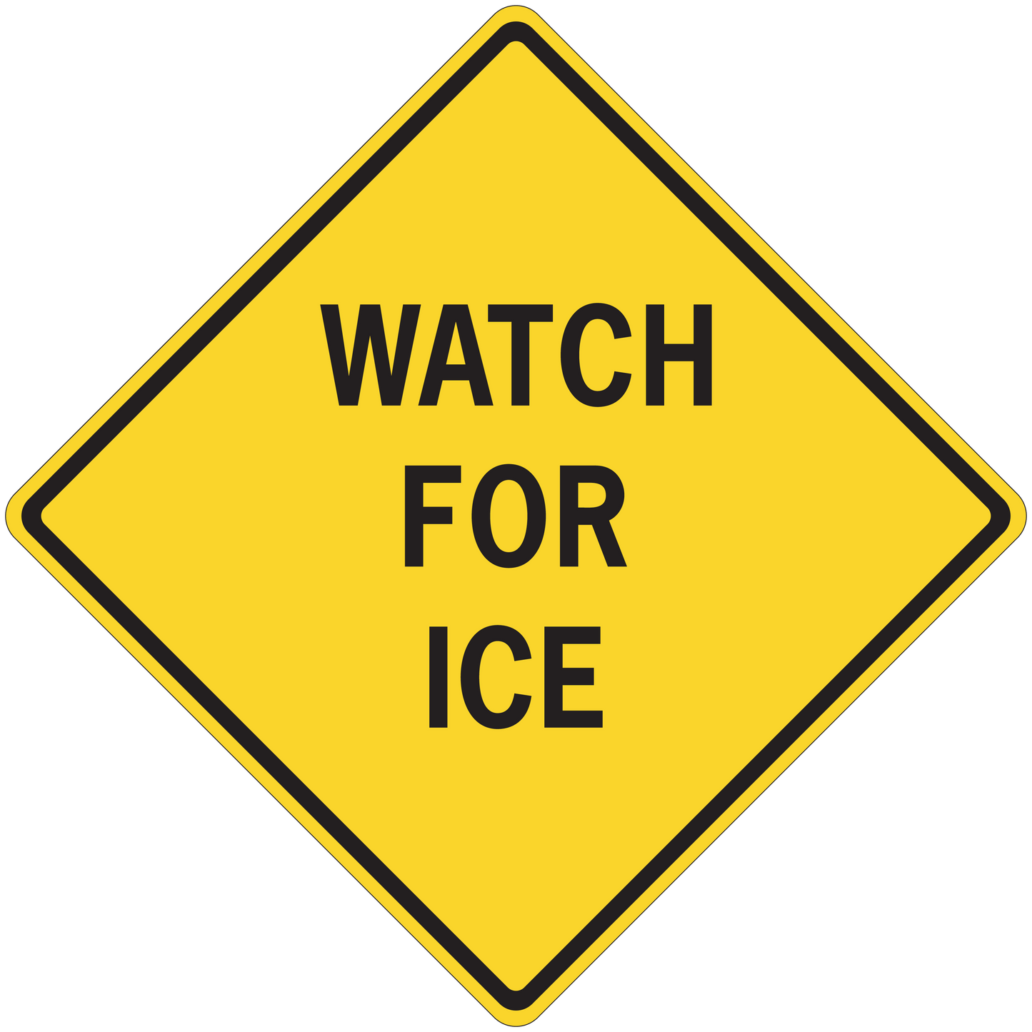 Yellow road sign sticker with black border reading “WATCH FOR ICE”