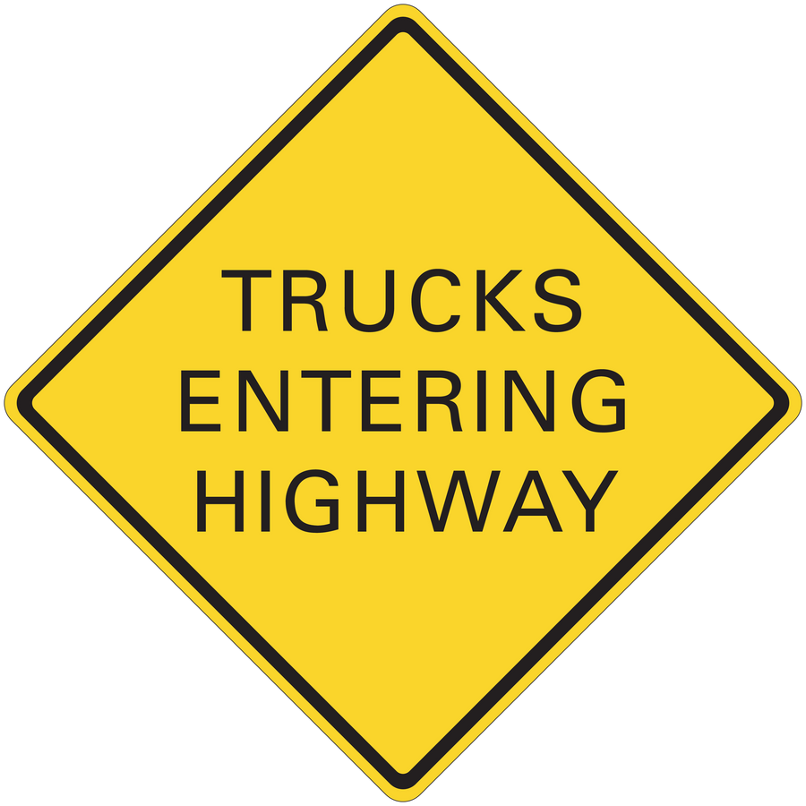 Yellow road sign sticker with black border reading “TRUCKS ENTERING HIGHWAY”