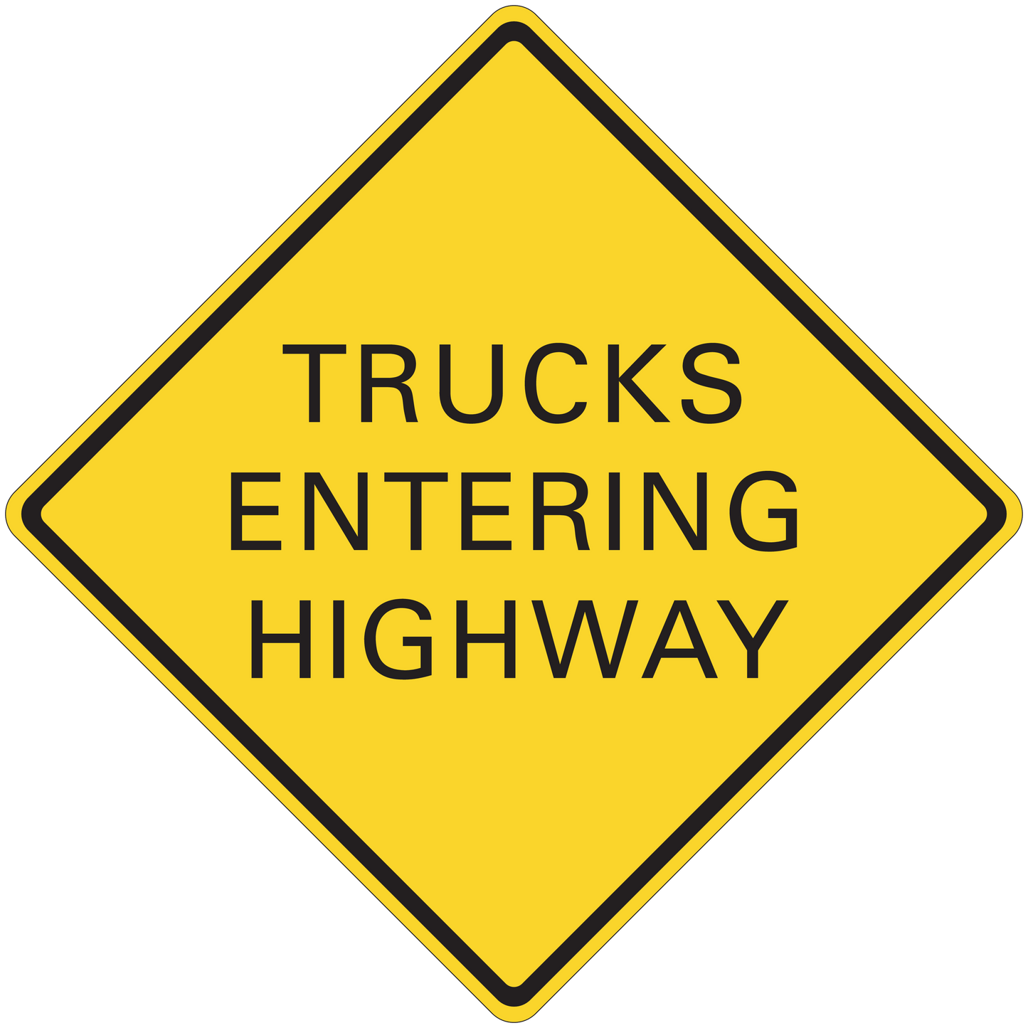 Yellow road sign sticker with black border reading “TRUCKS ENTERING HIGHWAY”